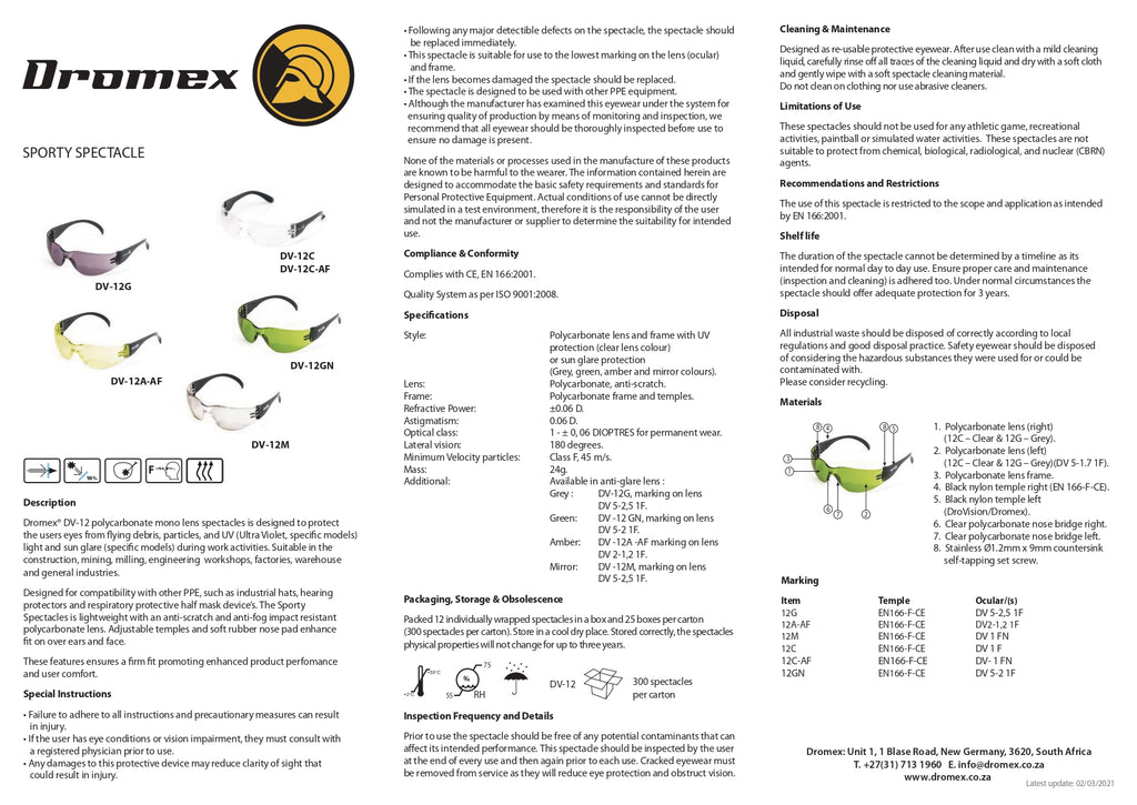 Dromex Sporty Safety Spectacle DV-12C / AF | DV-12G | DV-12A-AF | DV-12GN