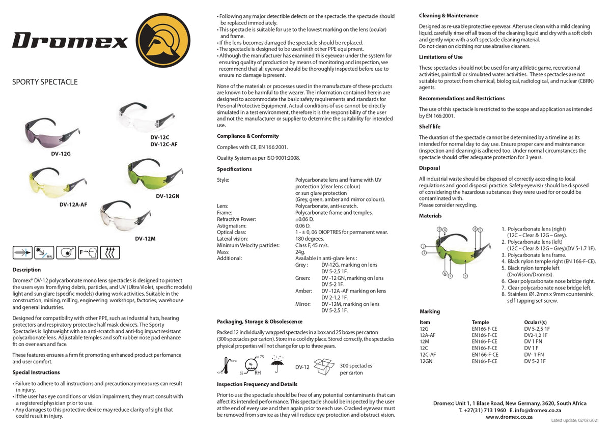 Dromex Sporty Safety Spectacle DV-12C / AF | DV-12G | DV-12A-AF | DV-12GN